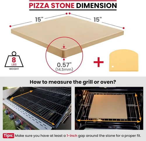 Miniatura 2 de Unicook Piedra para pizza de 15 pulgadas, piedra de hornear premium para parrilla de horno, bandeja cuadrada para pizza de cordierita, resistente a