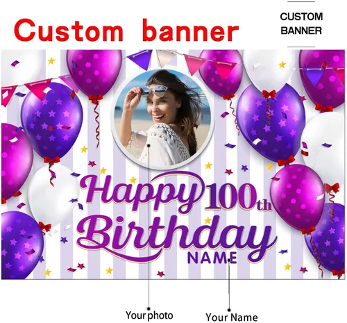 Miniatura 2 de Cartel decorativo personalizado de feliz cumpleaños número 100, personalización disponible, morado, tamaño grande - Fotos y nombres personalizados