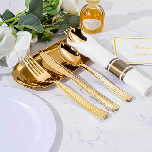 Miniatura 3 de WELLIFE Paquete de 50 cubiertos de plástico dorado, servilletas preenrolladas con cubiertos dorados, cubiertos martillados dorados desechables