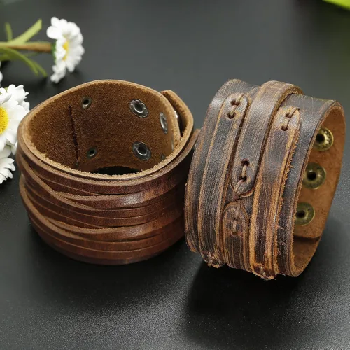 Miniatura 2 de THUNARAZ 2PCS Leather Cuff Bracelet Wrap Wristband Button Bangle for Men Women Adjustable Wide Brown Belt Punk Bracelet