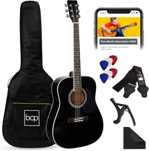 Best Choice Products Juego de iniciación de guitarra acústica de madera para principiantes, de 41 pulgadas, con bolsa para conciertos, correa, Negro
