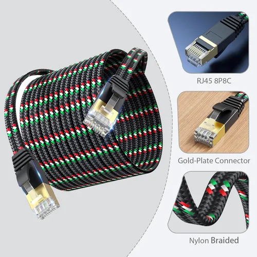 Miniatura 5 de SNANSHI Cable Ethernet de 25 pies, cable de red de Internet Cat7 trenzado de nailon plano resistente - Cable LAN de cobre puro blindado de alta