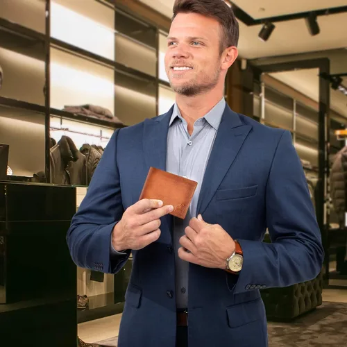 Miniatura 6 de Carteras plegables con bloqueo RFID para hombres con 2 ventanas de identificación cartera de cuero de grano completo de gran capacidad Marrón Rustic