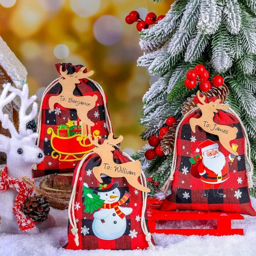 Miniatura 4 de Shappy 48 bolsas de Navidad con cordón, bolsas de arpillera a cuadros Buffalo de Navidad, bolsas de lino para golosinas, sacos para regalos