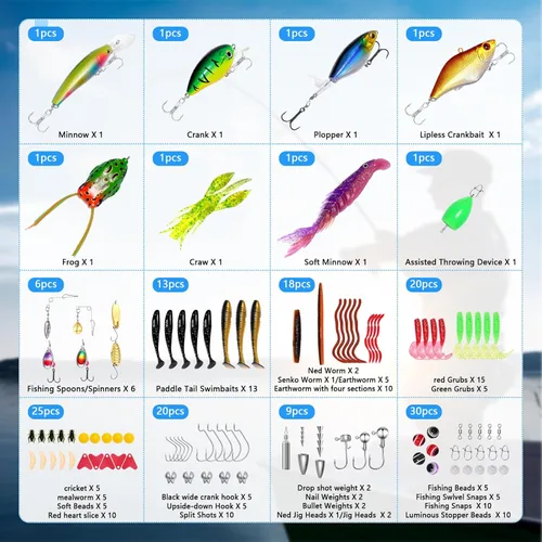 Miniatura 3 de Señuelos de pesca - Caja de aparejos con aparejos incluidos, kit de pesca con VIB, ranas, minnows, cebos suaves, ganchos y accesorios de pesas, kit