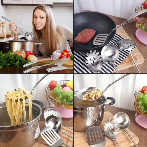 Miniatura 9 de Newness - Juego de 4 utensilios de cocina de acero inoxidable 304, accesorios de cocina de metal, incluye cucharón de sopa, cuchara espumadera