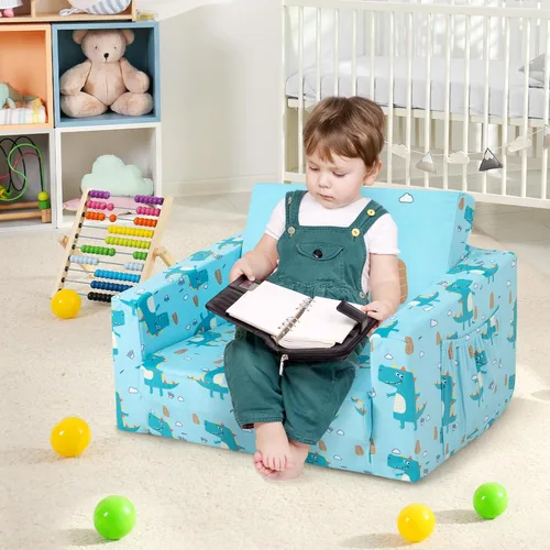 Miniatura 7 de HONEY JOY Sofá para niños pequeños, sofá convertible 2 en 1 con patrón de dinosaurio, silla plegable extra suave para niños y niñas, muebles de sala
