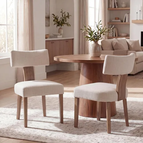 VESCASA Juego de 2 sillas de comedor modernas de mediados de siglo, sillas de comedor tapizadas de lino con respaldo curvado ergonómico, patas de
