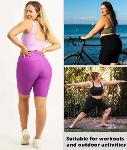 Miniatura 4 de NEW YOUNG Paquete de 3 pantalones cortos de ciclismo de talla grande con bolsillos para mujer, pantalones cortos de entrenamiento de cintura alta