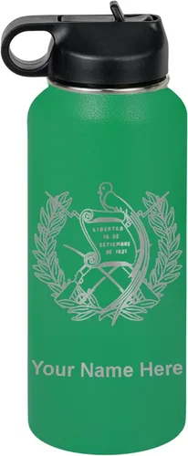 Miniatura 29 de LaserGram Botella de agua personalizada, bandera de Guatemala, acero inoxidable de doble pared aislada al vacío con popote superior, regalo grabado