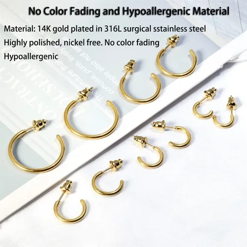 Miniatura 7 de Aretes de aro ligeros y pequeños de oro para mujer, aretes de aro abiertos de oro de 14 quilates, hipoalergénicos, pequeños aretes de aro en oro