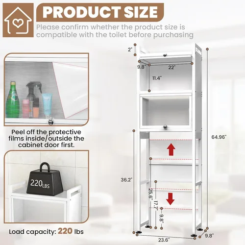Miniatura 2 de ZZL Gabinete de almacenamiento sobre el inodoro, 3 niveles, organizador de inodoro de baño, impermeable, diseño de puerta de gabinete, ahorro