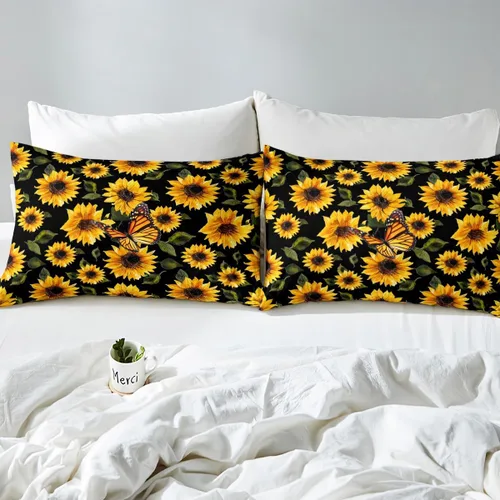 Miniatura 5 de Juego de sábanas con diseño de girasoles para niñas, sábanas de flores amarillas con mariposas, sábana bajera ajustada, patrón de flores elegante