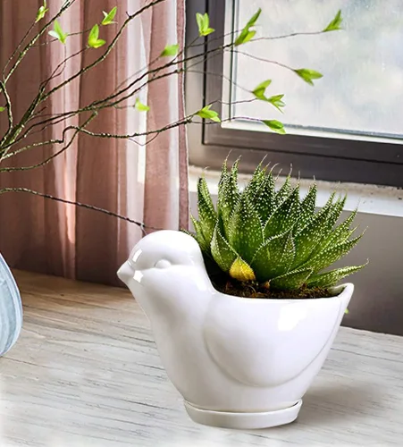 Miniatura 2 de GeLive Maceta de Cerámica para Suculentas de Pájaro Blanco, Maceta para Plantas de Animales, Florero, Caja de Alféizar de Ventana para Bonsái