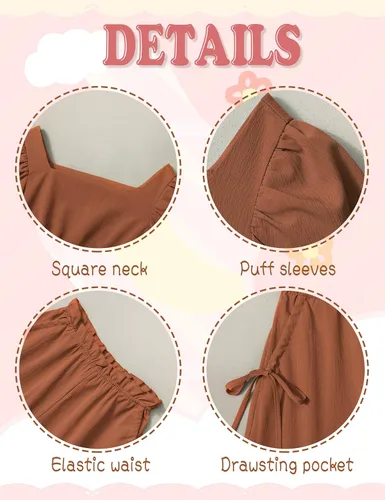 Miniatura 9 de BAVADER Conjunto de ropa para niña, 2 piezas, con cuello cuadrado, manga abombada, pantalones cortos con bolsillo con cordón para verano
