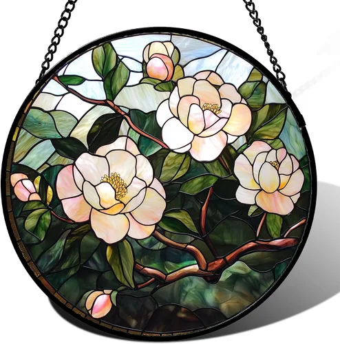Miniatura 11 de Juego de 4 piezas para colgar vidrieras, rosas rojas, girasoles amarillos, 6.3 pulgadas, atrapasoles de flores, puerta de jardín, decoración