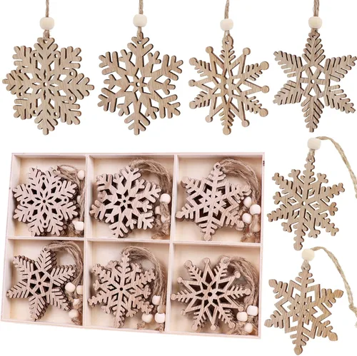 Miniatura 8 de 24 Piezas Adornos de Copos de Nieve de Madera de Navidad de 3 Pulgadas Adorno Colgante de Copo de Nieve para Decoración Rústica de Árbol de Navidad