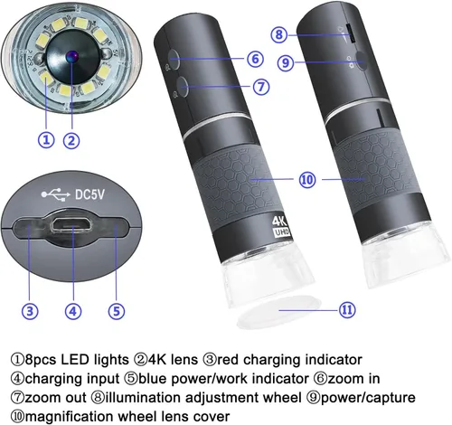 Miniatura 5 de Microscopio digital de mano Jiusion WiFi USB, endoscopio de aumento inalámbrico de 50 a 1000x, cámara 4K 3840x2160P, 8 LEDs con soporte de metal Gris