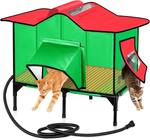 Casa climatizada para gatos al aire libre resistente a la intemperie con almohadilla térmica extraíble para invierno, refugio aislado exterior para