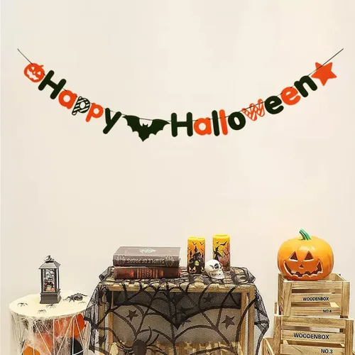 Miniatura 6 de JSDJ Cartel de Feliz Halloween, guirnalda de fieltro con decoraciones de calabaza araña, suministros de fiesta para uso en interiores, pared