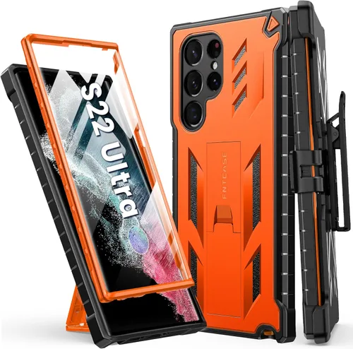 FNTCASE Funda para Samsung Galaxy S22 Ultra: protector de pantalla integrado y soporte y funda con clip para cinturón, cubierta protectora de doble