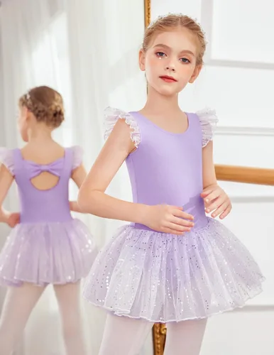 Miniatura 2 de Zaclotre Leotardos de ballet de manga con vuelo para niñas con falda tutú, vestido de baile con lazo en la espalda, trajes de bailarina brillantes