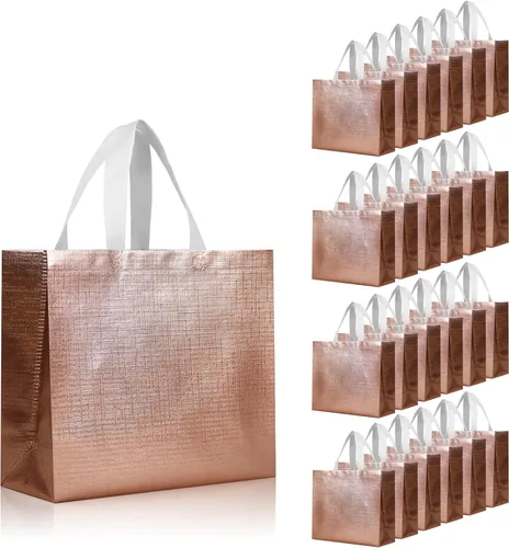 Miniatura 9 de cabzymx 16 bolsas de regalo reutilizables rosadas, bolsa de regalo de vacaciones con diseño metálico brillante con asas y bases, bolsa de regalos