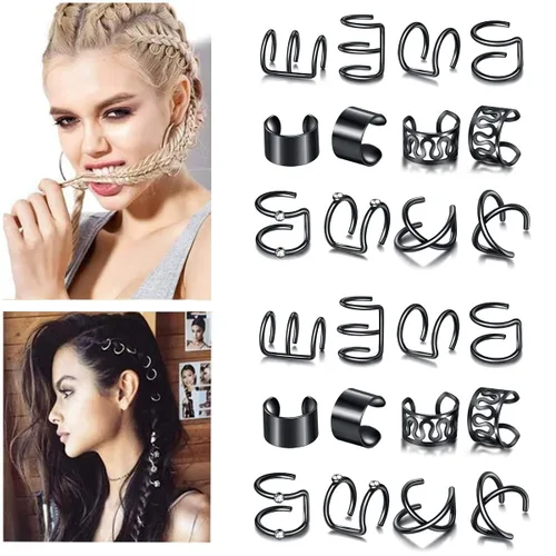 Miniatura 2 de 12 piezas de trenzas de pelo negro, rastas de metal con diamantes de imitación de cristal, clips de trenza no perforantes, para mujeres y hombres