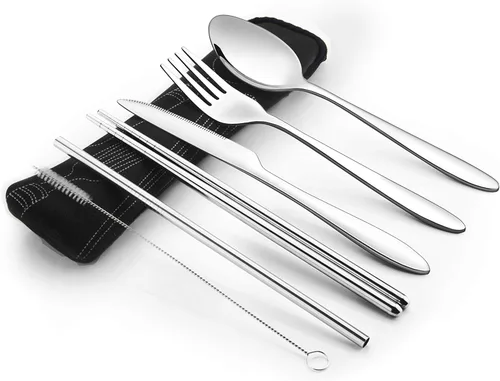 Miniatura 12 de Set de 4 unidades (cuchillo, tenedor, cuchara, palillos) para Viajes/Camping –Cubertería de acero inoxidable con funda de neopreno Juego de 4 piezas