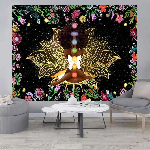 Miniatura 9 de Ine Ive Tapiz de chakra africano, mujer afroamericana, tapices de meditación zen, 40 x 30 pulgadas, cielo estrellado, flores, jardín, inspirador