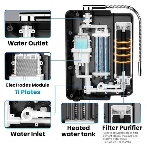 Miniatura 7 de Máquina ionizadora de agua alcalina para el hogar, 11 placas de titanio, máquina de agua alcalina, purificador de agua ácido pH 4-10.5, filtro