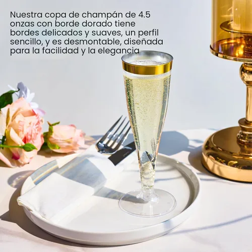 Miniatura 4 de FOCUSLINE Paquete de 100 Copas de Champán de Plástico, Copas de Champán de Plástico con Borde Dorado de 4.5 Onzas, Copas Transparentes Desechables