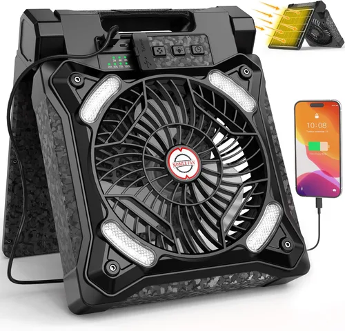Miniatura 12 de KITWLEMEN Ventilador solar de campamento mejorado con linterna, ventilador de batería recargable, tiempo de funcionamiento máximo de 36 horas, 4