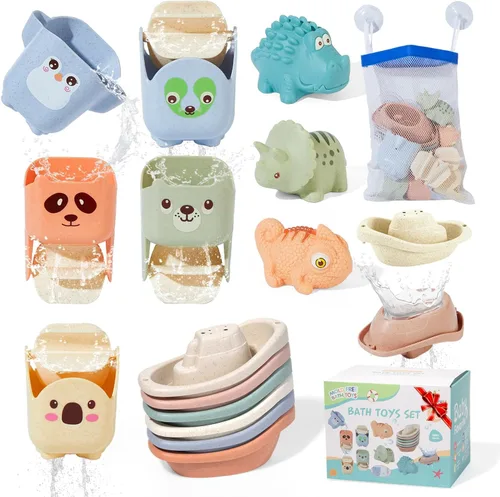 Juguetes de baño para bebés de 1 a 3 años, paquete de 14 juguetes de baño para niños de 2 a 4 años, juguetes de agua con botes flotantes y tazas y