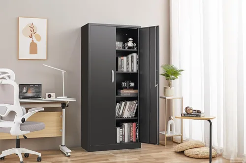 Miniatura 7 de Guizeeopo Armario de almacenamiento de metal con estantes ajustables, gabinetes de almacenamiento de garaje con puertas y estantes, archivadores
