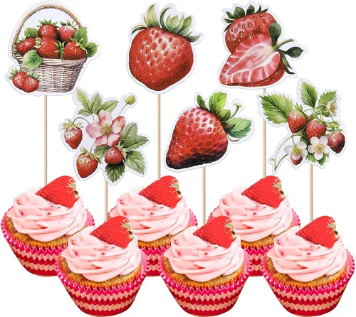 Miniatura 23 de Paquete de 24 adornos para cupcakes Sweet One con purpurina para primer cumpleaños, fresa, cupcakes, para frutas, baby shower, primer cumpleaños