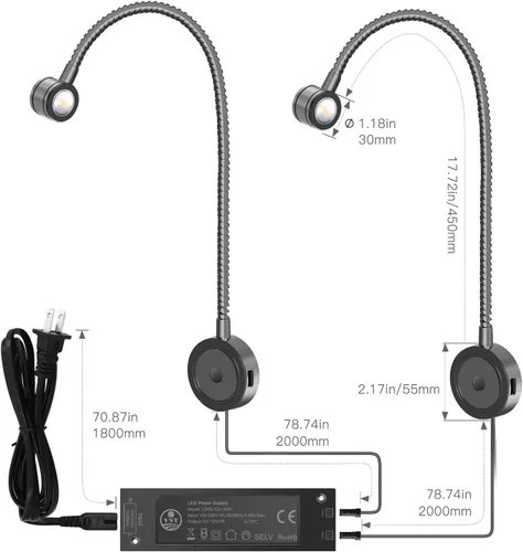 Miniatura 6 de VST Luz de lectura de cama montada en la pared, lámpara de lectura de cabecera con certificación ETL, luz de cabecera regulable táctil con puertos