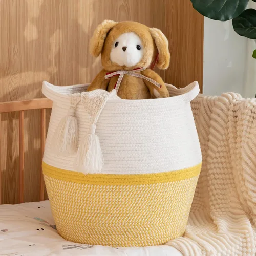Miniatura 8 de KAKAMAY - Cestas tejidas para almacenamiento (17"x17"), gran cesta de lavandería de cuerda de algodón tejida para bebé, cesta de lavandería Amarillo