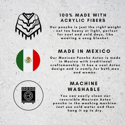 Miniatura 3 de Poncho mexicano azteca para hombres y mujeres Manta reversible Cobija para fiestas, exteriores, senderismo y campamento