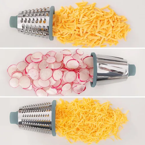 Miniatura 5 de Rallador de queso con 3 cuchillas intercambiables, rallador giratorio de queso, rebanador manual de verduras con base de succión antideslizante