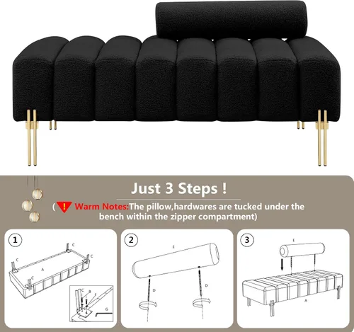 Miniatura 5 de Setawix Banco otomano de tela de peluche, extremo de la cama, canal, copetudo, para dormitorio, ventana, bancos de entrada, rectangular, de sherpa