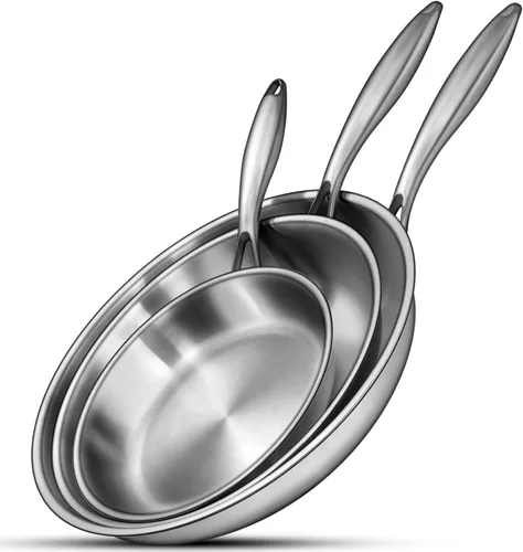 EWFEN Juego de sartenes de acero inoxidable de tres capas, sartenes de cocina de 8 pulgadas, 10 pulgadas/12 pulgadas, sartén sin PFOA y PTFE, sartén