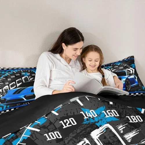 Miniatura 6 de Feelyou Juego de edredón azul de carreras para niños, juego de ropa de cama de coche deportivo para niños y niños, edredón deportivo geométrico a