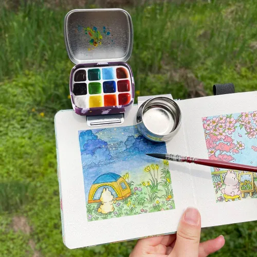 Miniatura 5 de Caja de estuche de acuarela portátil de mini lata de 12 pozos vacía con bandeja de mezcla de pintura es un pequeño kit de almacenamiento para viajes
