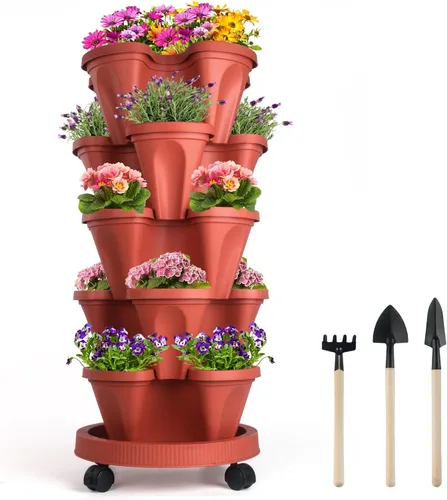 Miniatura 10 de Macetas apilables de polipropileno DUNCHATY, de 5 niveles, verde pino, para interior/exterior, 29" de altura x 13.6" de diámetro 2-1 Paquete