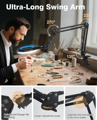 Miniatura 6 de Lupa 10X y 5X con luz, brazo oscilante ultra largo, 5 colores y 10 de brillo, lente de cristal real, lámpara de aumento grande para manualidades