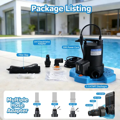 Miniatura 8 de Bomba de cubierta de piscina de 1/2 HP de encendido/apagado automático de 3500 GPH Bomba de agua sumergible con red de filtro, adaptador de válvula