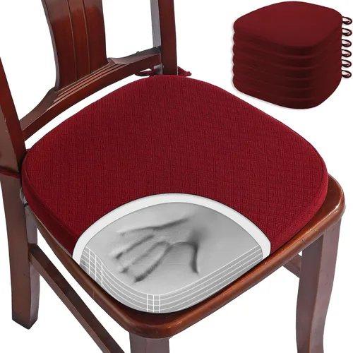 BUYUE Cojines de Espuma Viscoelástica de Lujo para Sillas, Paquete de 6, Jacquard 16" en Forma de U, Cojines Cómodos para Sillas de Comedor, Borgoña