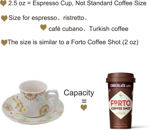 Miniatura 4 de GuangYang 12 Piezas Tazas y Platillos Expresso para 6 Personas, Juego de 6 Tazas de Café Turco de 2 Onzas, Patrón Floral de la Suerte, Buen Juego