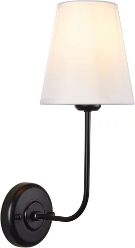 Miniatura 4 de Juego de 2 apliques de pared cableados con forma acampanada, brazo curvado de tela blanca y base de metal con acabado negro, perfecto